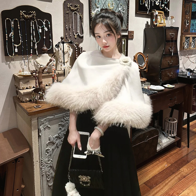 甜美千金感大毛领廓形披肩斗篷外套+高腰大摆纱裙套装女秋冬新款