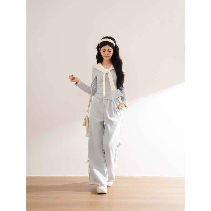 奶蓝甜心 甜美日常休闲气质蕾丝设计海军领系带上衣蓝色长裤套装