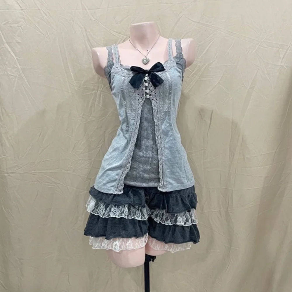 古早千金 夏装新款日系软妹学院甜美风蝴蝶结蕾丝拼接短裙三件套