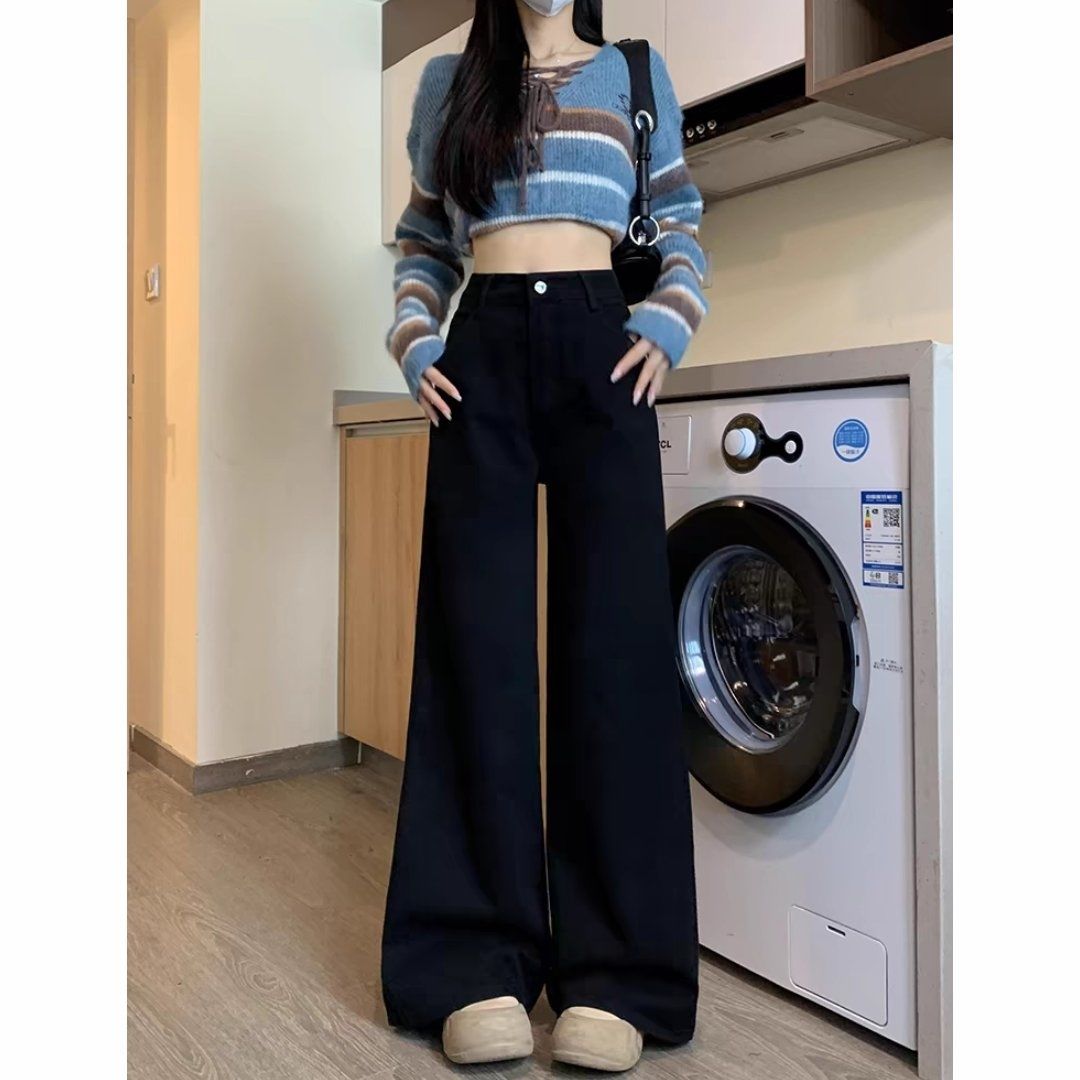 黑色不贴腿微喇牛仔裤女春秋新款高腰宽松显瘦直筒百搭阔腿拖地裤