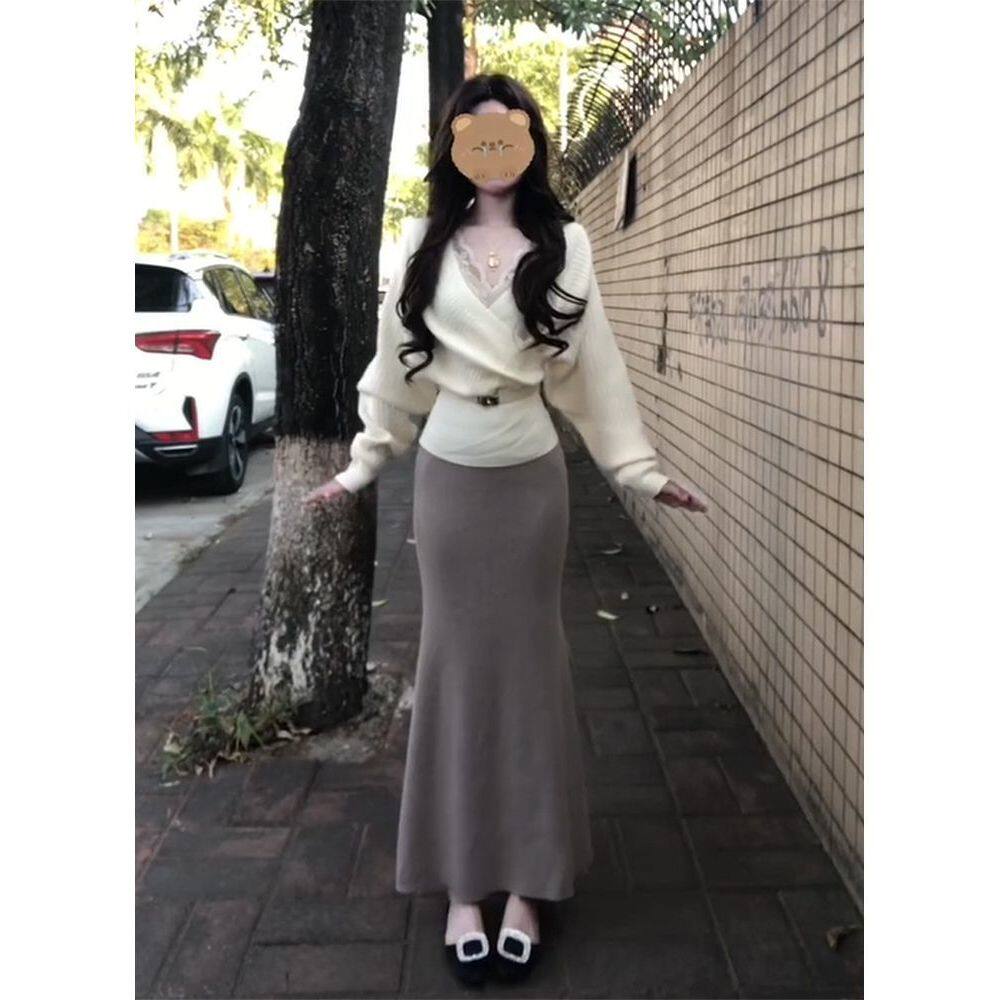 【娇憨美奈子】气质修身秋冬御姐长袖时髦洋气纯欲半裙两件套套装