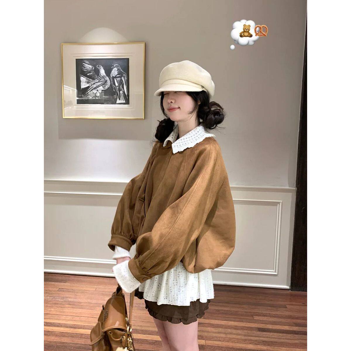 复古美拉德棕色系翻领短款夹克秋季新款小个子高级感气质花苞外套