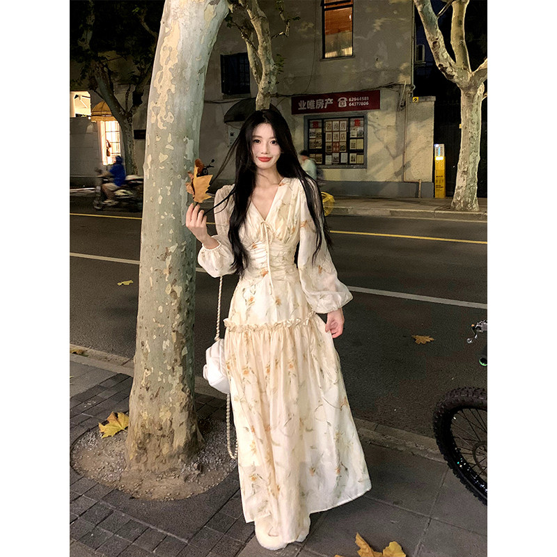 法式优雅印花长袖连衣裙女秋季