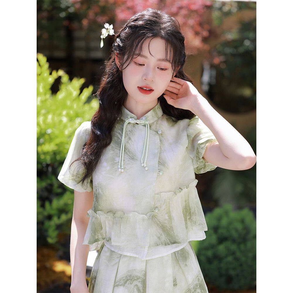 《清风炊烟》新中式晕染斜襟盘扣不对称花边短袖上衣+长裙套装女