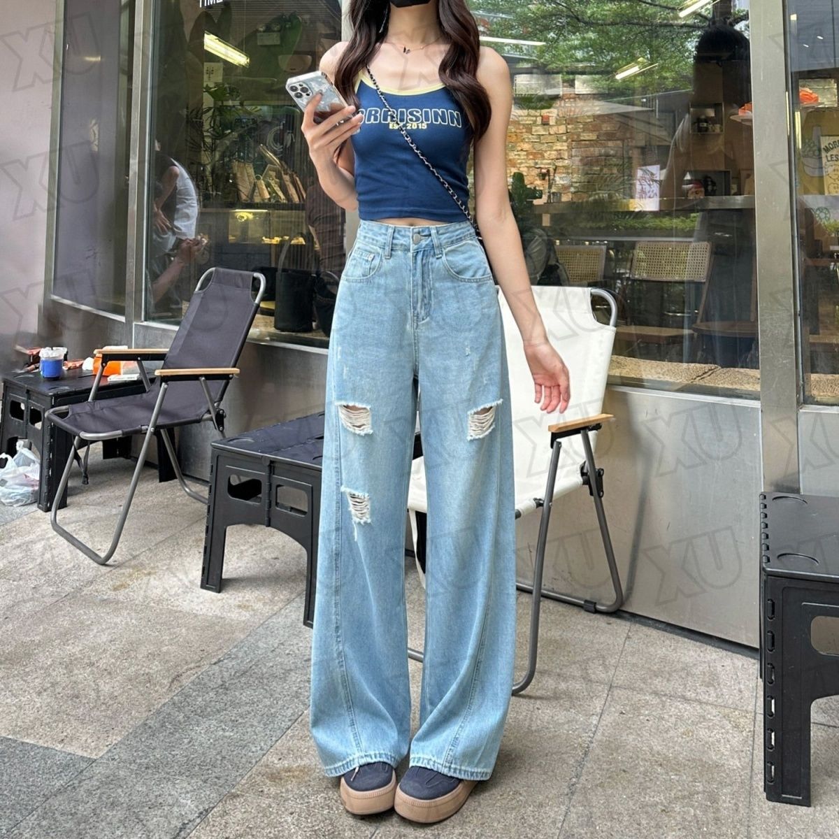 冰萃蓝夏季新款破洞牛仔裤女美式设计感时尚百搭直筒宽松阔腿裤潮