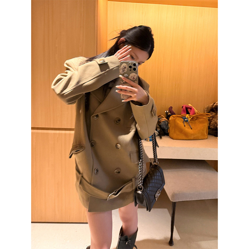 韩系复古宽松西装外套女春季新款高级感气质双排扣中长款风衣