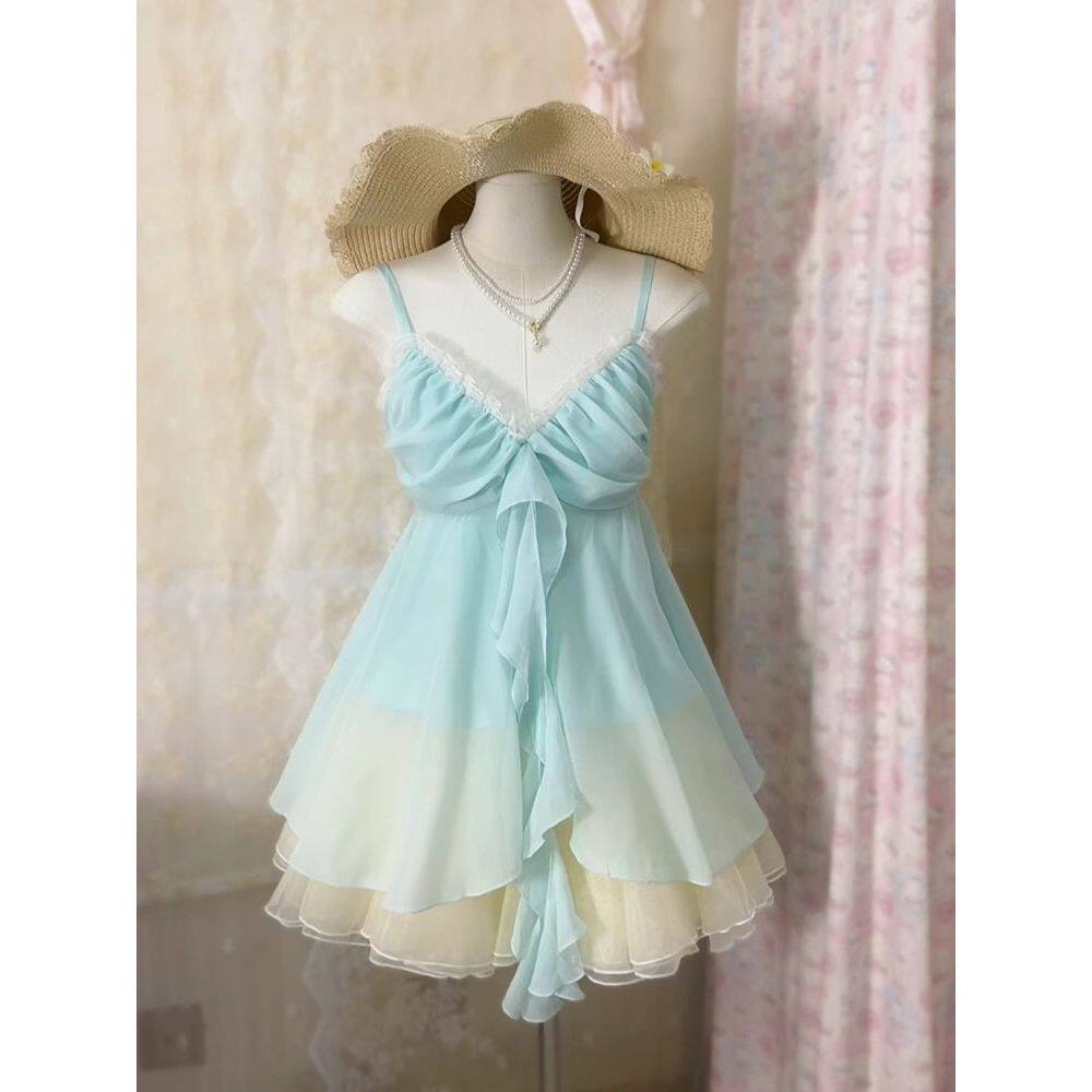 薄荷漫波 夏季新款日系古早风穿搭无袖上衣短裙温柔甜美水系套装