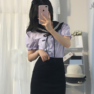 包臀半身短裙子两件套 学院风纯欲显瘦套装 裙女夏季 海军领短袖 衬衫