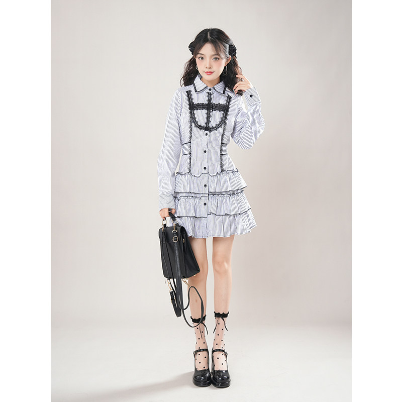 沉睡魔女 夏季新款哥特风条纹衬衫连衣裙小众vintage古早感连衣裙