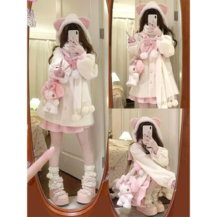 冬日恋歌 秋冬新款日系可爱蝴蝶结毛呢中长款外套甜美半裙两件套