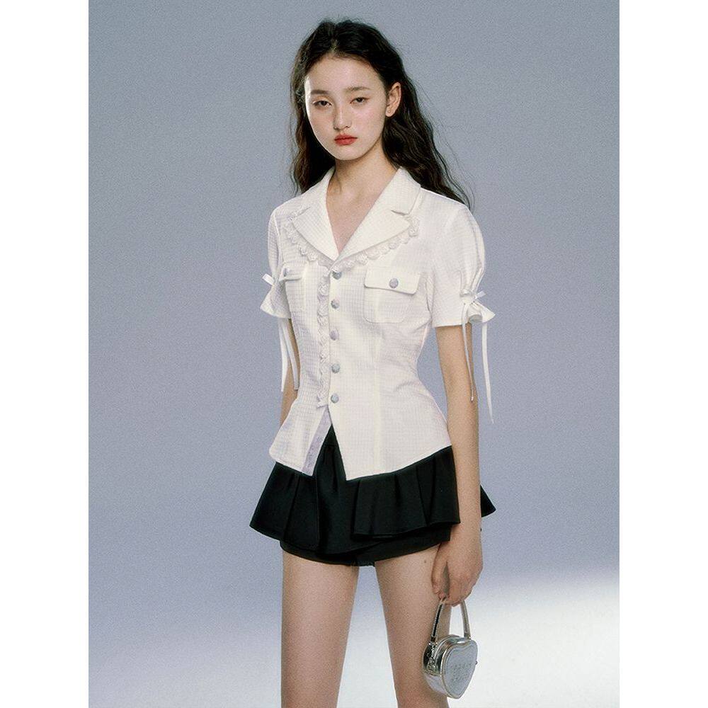 【繁花战争】法式复古喇叭袖格子修身衬衫+蓬蓬半身裙套装两件套
