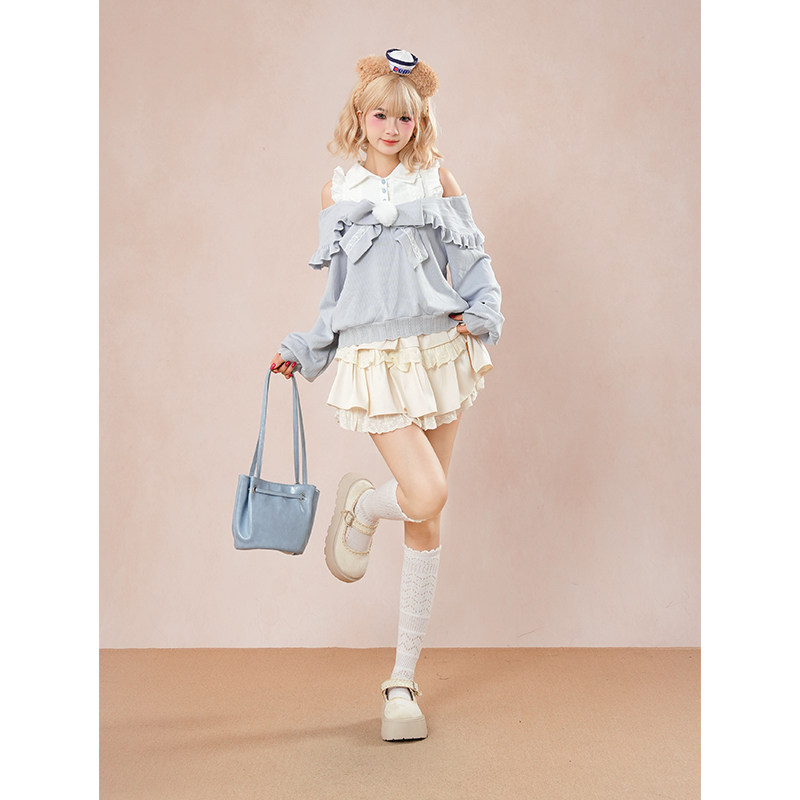 兔绒绒 设计奈奈风水色甜美可爱风秋冬款露肩毛衣芭蕾风半裙套装