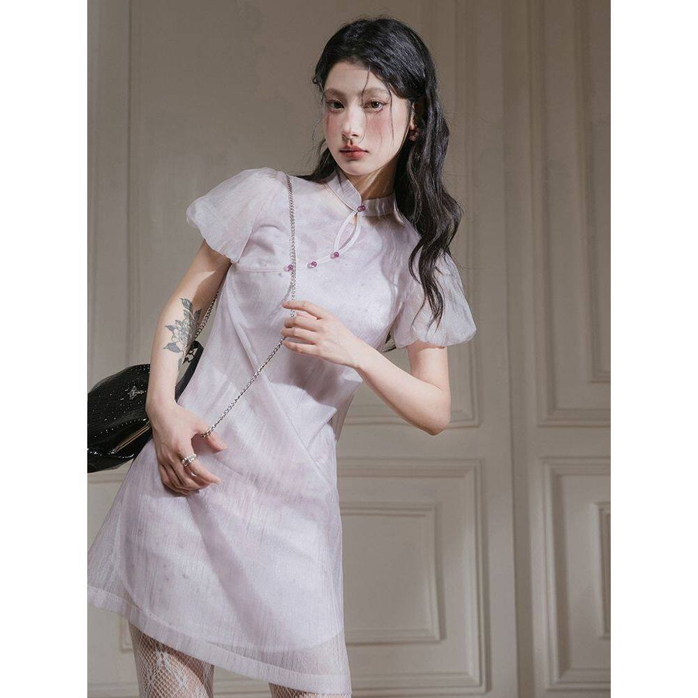 暮山紫远山黛 山茶凌粉 新中式叠穿两件套连衣裙女气质设计感套装