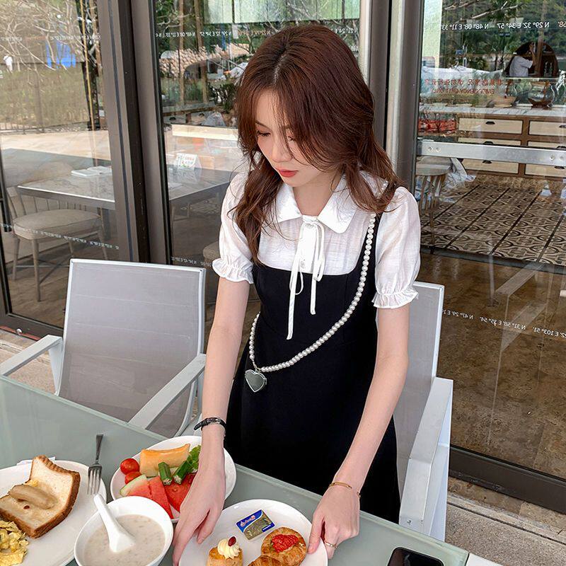 小个子女装夏装韩版高腰收腰假两件减龄遮肉A字拼接连衣裙子