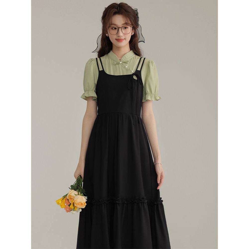 新中式短袖假两件收腰显瘦连衣裙女复古文艺中长裙子夏季新款