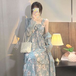 茶歇法式 桔梗长裙子温柔风蓝色雪纺碎花吊带连衣裙两件套装 女夏季