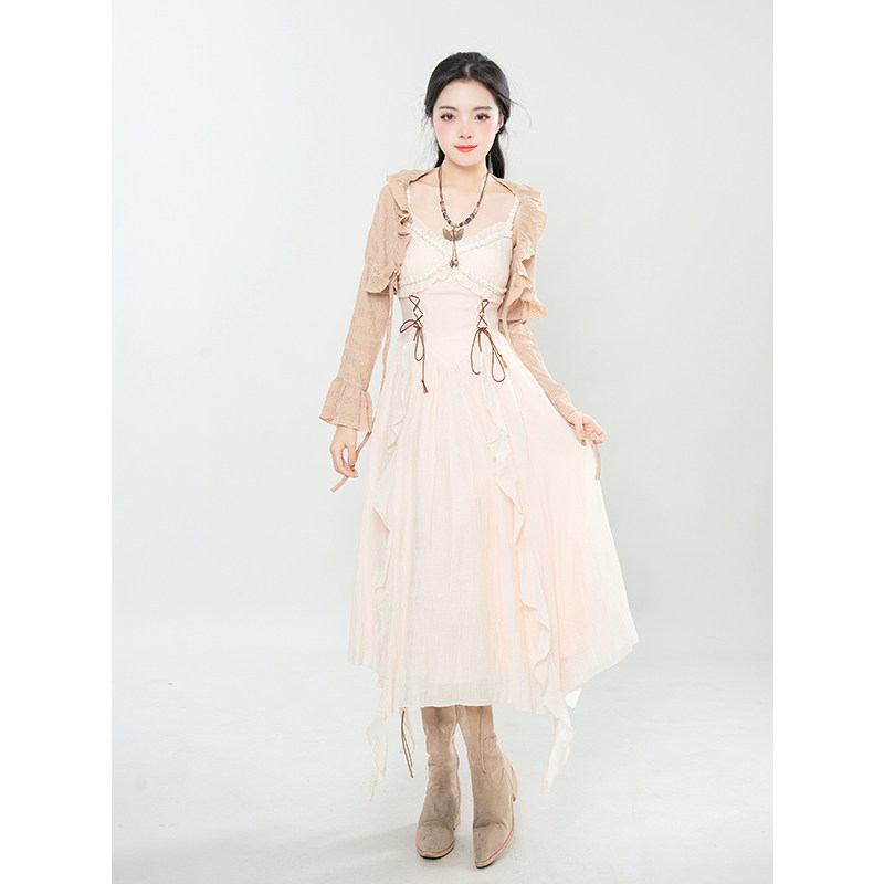 《波西米亚》复古度假风吊带连衣裙+开衫两件套套装夏季气质长裙