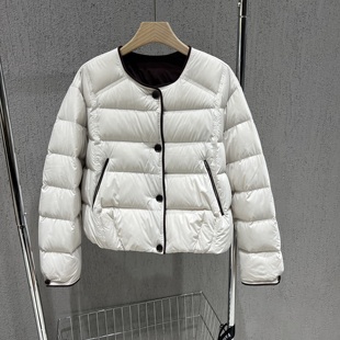 宽松显瘦90白鸭绒外套潮 撞色圆领单排扣羽绒服女短款 2025冬季 新款