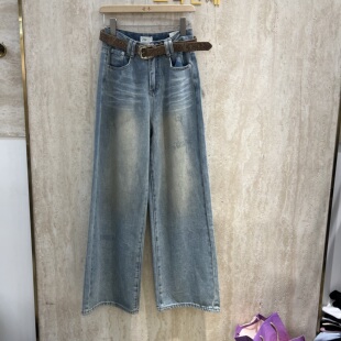 女宽松休闲拖地阔腿裤 重工烫钻高腰显瘦直筒牛仔裤 子 新款 2026春季