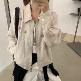 百搭夹克上衣 韩系翻领钉珠天丝亚麻防晒衣外套女短款 2026春季 新款