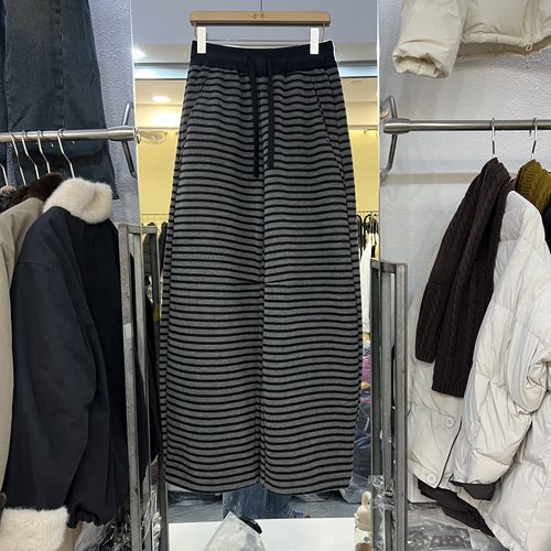 宽松休闲直筒加绒加厚条纹阔腿裤