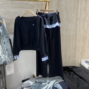 直筒阔腿卫裤 欧货2026春季 卫衣 设计感撞色拼接长袖 两件套女 新款