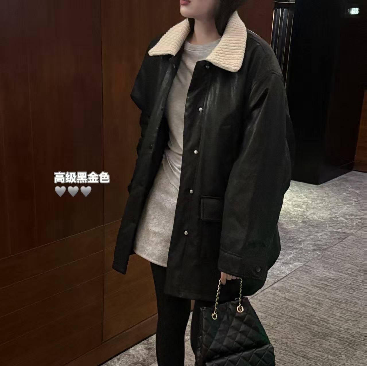 韩系针织翻领中长款夹棉皮衣外套