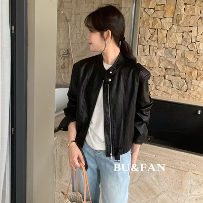 时尚短款系带PU皮衣机车夹克外套