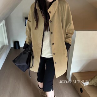 998802卡其色立领中长款风衣女秋季宽松撞色卷边袖口单排扣外套潮