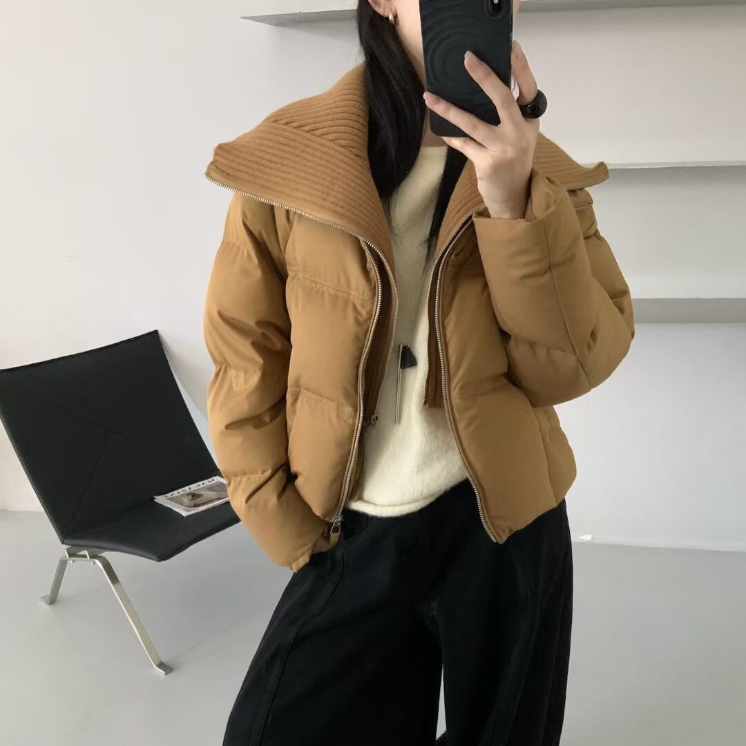 韩系针织拼接翻领短款羽绒服外套