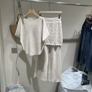 针织上衣蕾丝钩花屁帘阔腿裤 宽松圆领短袖 两件套 韩版 2026春夏新款