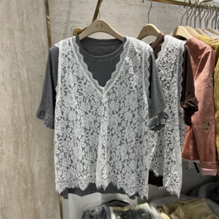 短袖 宽松休闲百搭蕾丝吊带背心 T恤上衣两件套女 新款 欧货2026春季