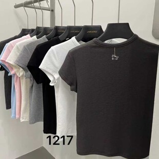 T恤女简约百搭修身 刺绣小马天丝棉短袖 显瘦内搭上衣 新款 2026夏季