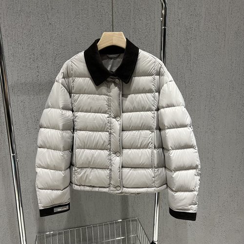 撞色灯芯绒翻领短款羽绒服外套女