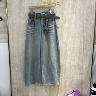 拖地裤 欧货2026春季 女高腰显瘦弯刀裤 复古水洗做旧牛仔阔腿裤 新款