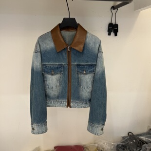 小个子夹克上衣 复古做旧PU皮拼接翻领牛仔外套女短款 2026春季 新款