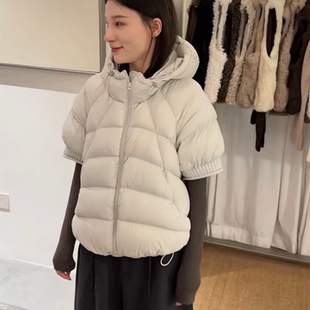 韩系连帽半袖羽绒服马甲女2026冬季小个子叠穿短袖白鸭绒马夹外套