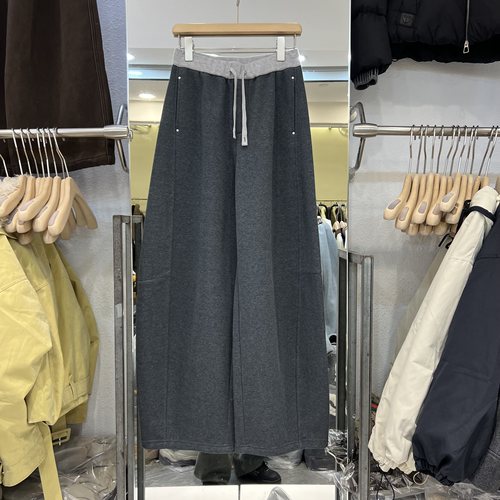 撞色松紧腰百搭阔腿裤弯刀卫裤女