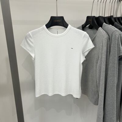 短袖百搭明线刺绣天丝棉T恤上衣