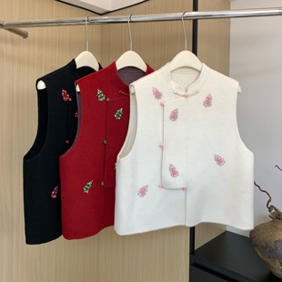 新中式立领双面羊绒马甲背心女2025冬季气质国风钉珠叠穿马夹上衣