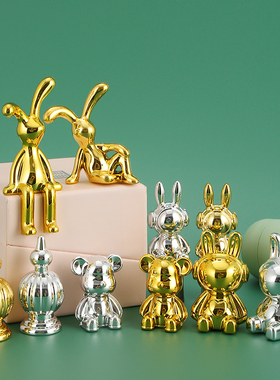 现代轻奢电镀银兔子摆件玄关酒柜电视柜客厅家居隔断房间软装饰品