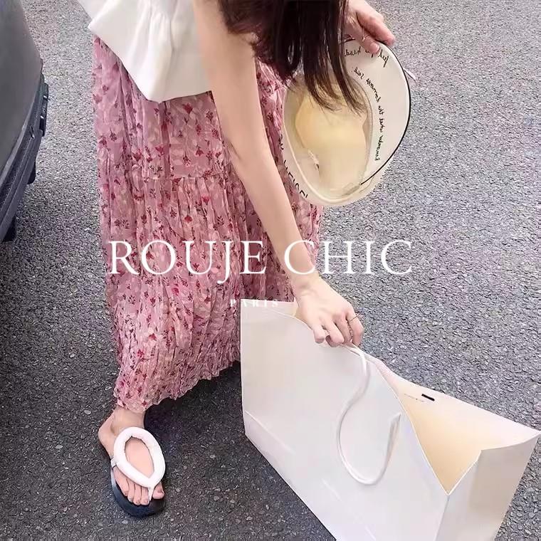 法国Rouje Chic褶皱感碎花雪纺高腰显瘦半身裙女夏百搭百褶A字裙