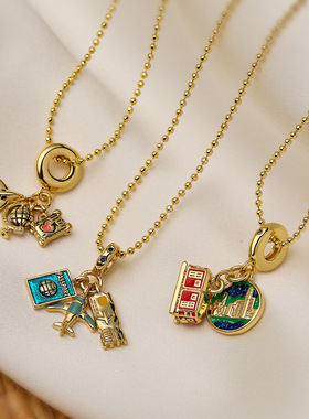 法国cherry kitty 铜镀滴油飞机巴士吊坠项链女ins小众个性锁骨