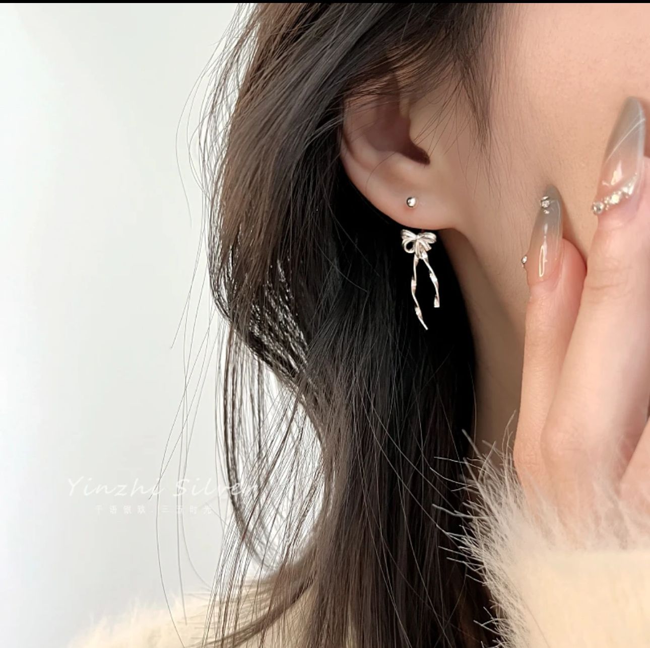 法国cherry kitty蝴蝶结飘带耳环s925通体银前后挂式耳钉甜美可爱