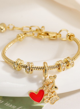 法国cherry kitty 铜镀18k金镶锆石爱心花朵吊坠手链女小众高级