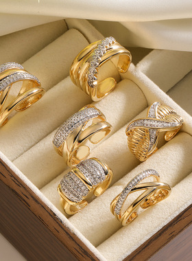 法国cherry kitty 欧美简约双色镀锆石几何开口戒指女ins小众