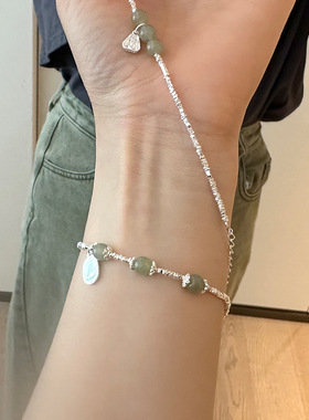 法国cherry kittys925银和田玉喜乐碎银子手链女手工设计百搭玉石