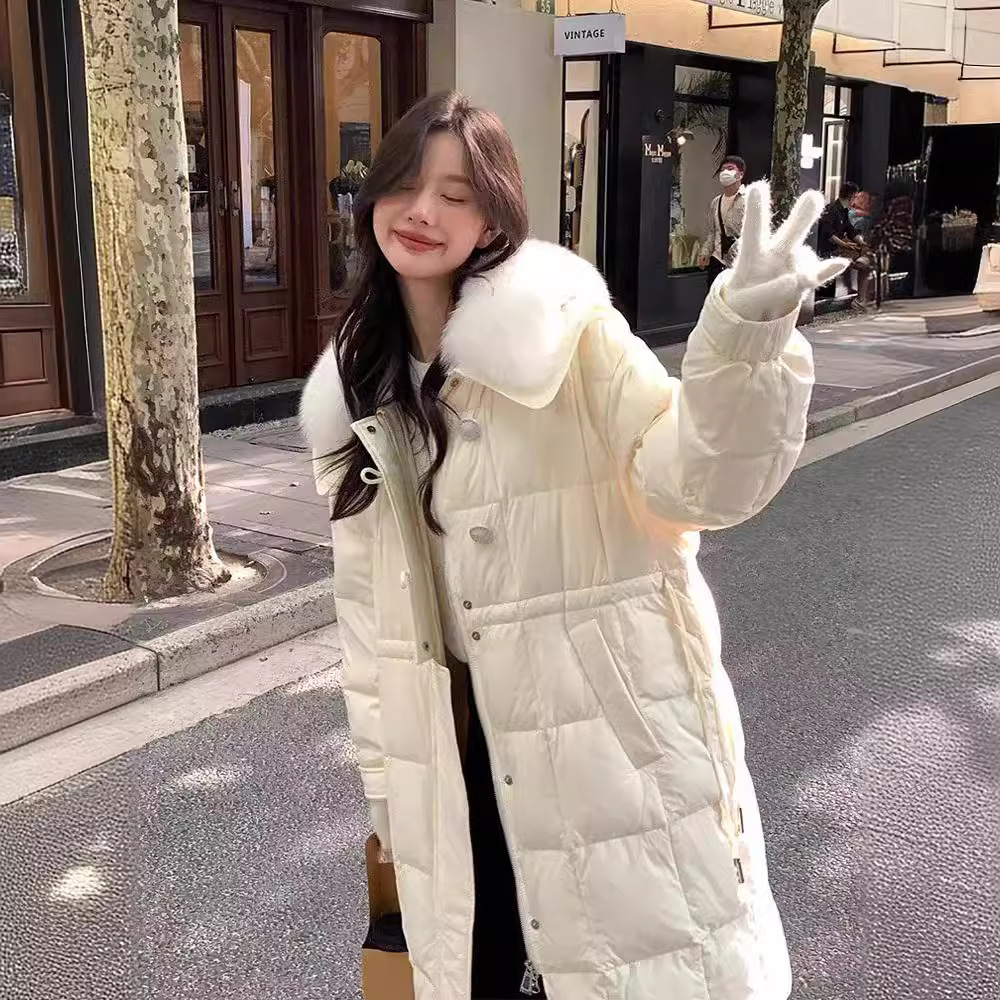 法国gentle motto同款真狐狸大毛领羽绒服女中长款翻领冬加厚