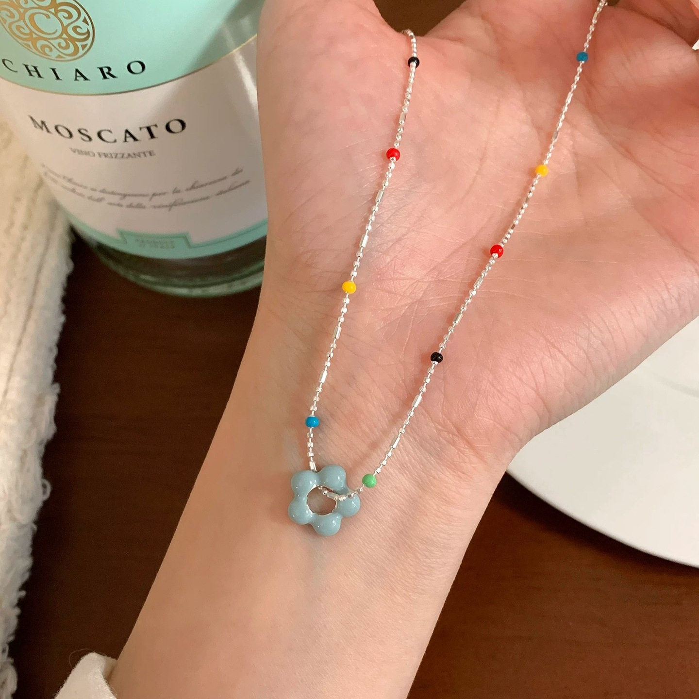 英国设计师topwhits925银浅蓝小花彩虹多巴胺项链花朵小清新元气
