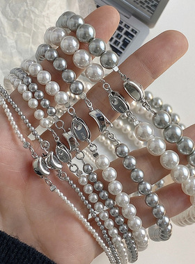 法国Cherry Kitty施华洛珍珠项链女S925银元宝扣百搭轻奢串珠叠戴